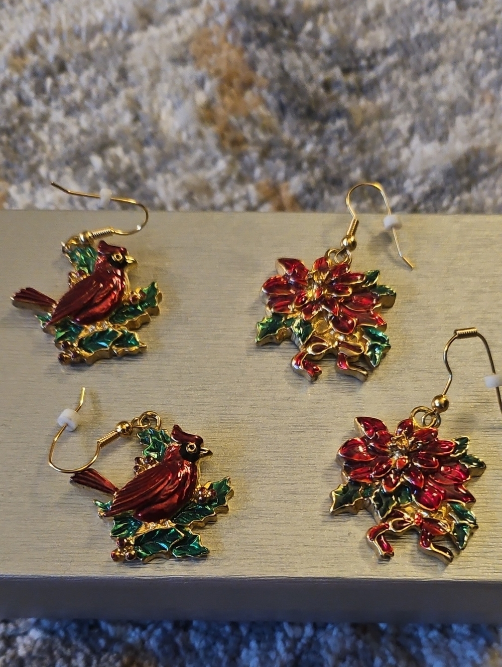 Holiday Festive Red Cardinal and Poinsettia Dangle Earrings Set Of 2 NWOT